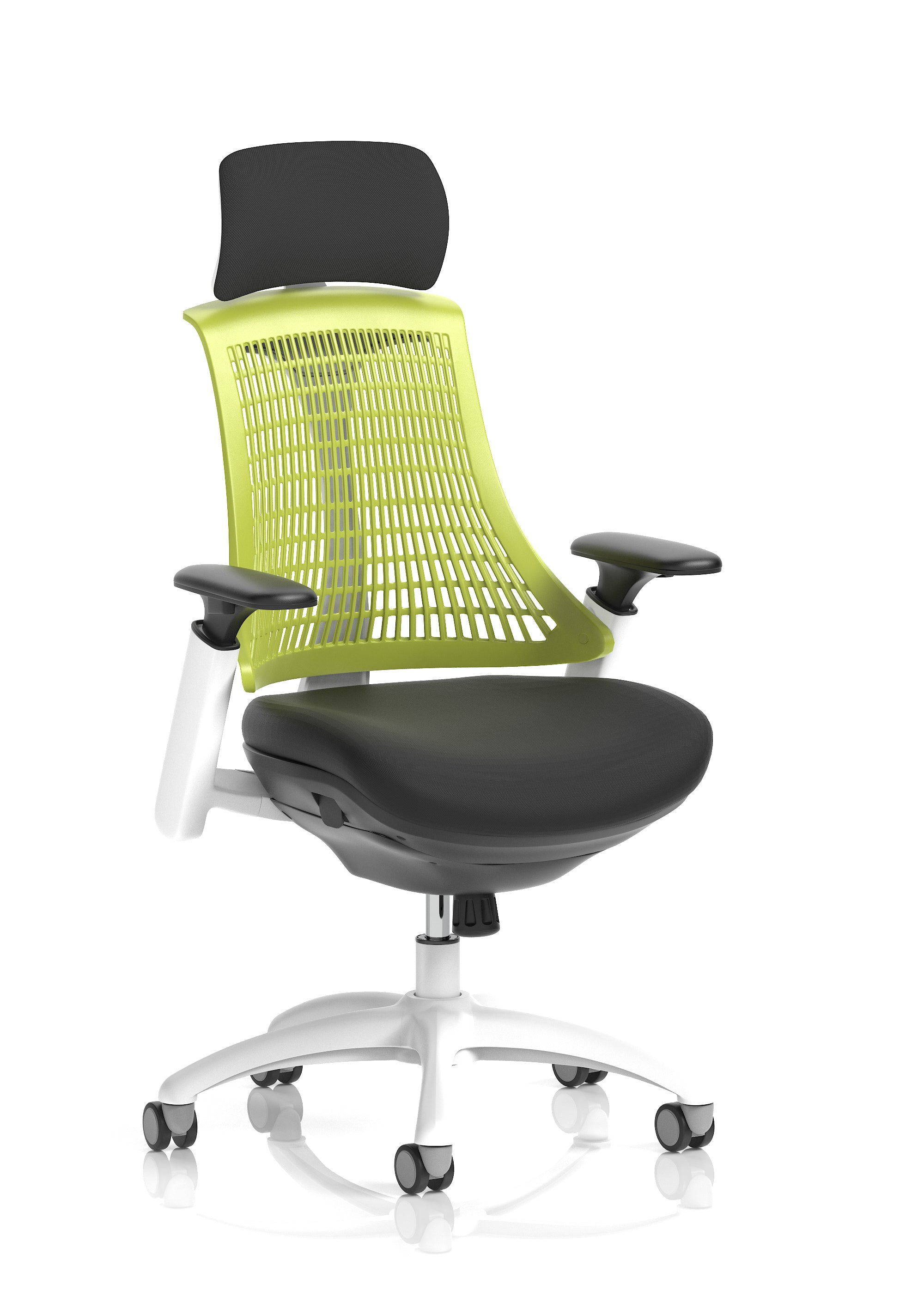 Flex Task Operator Chair White Frame Black Fabric Seat (With Headrest) Green Back