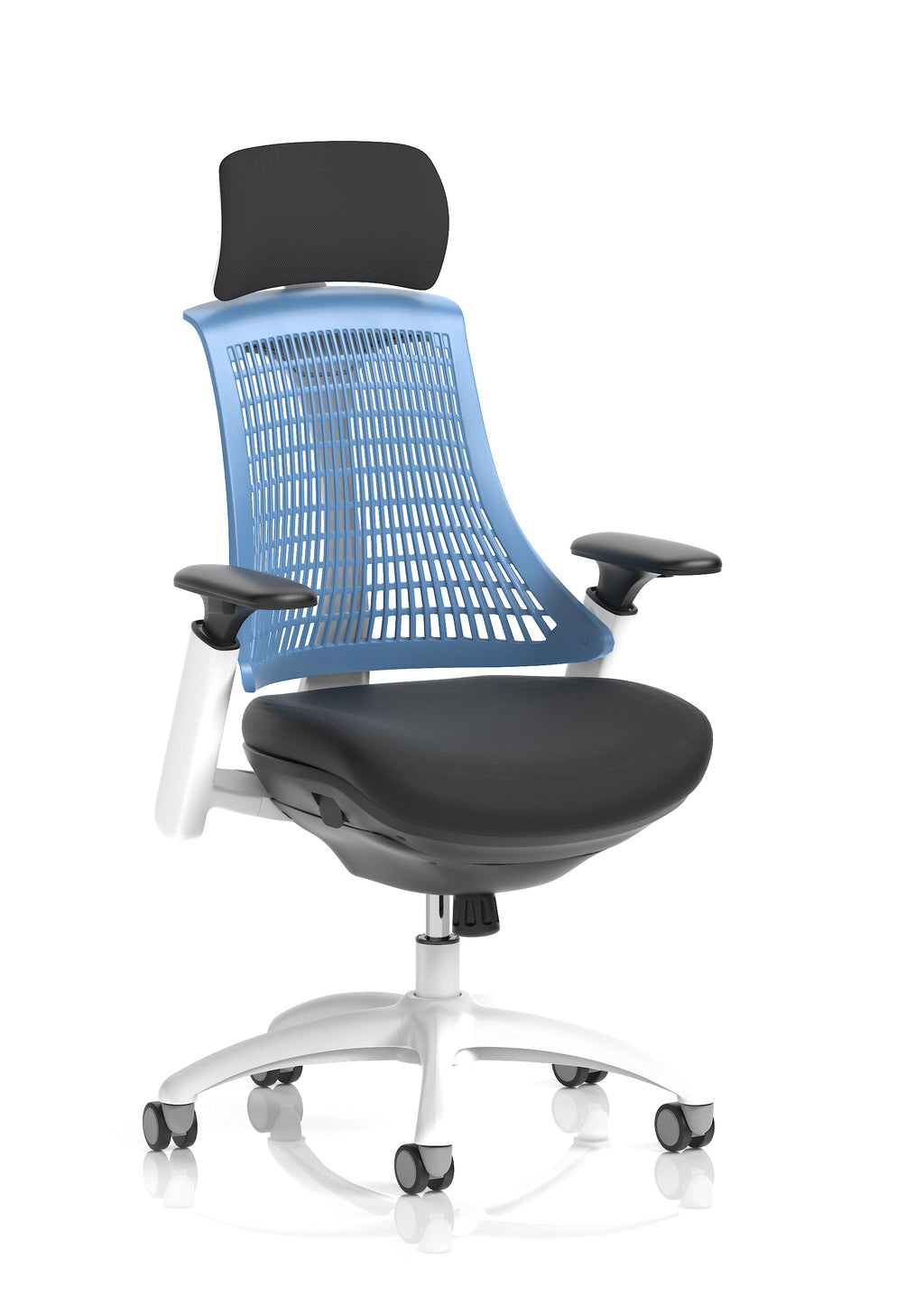 Flex Task Operator Chair White Frame Black Fabric Seat (With Headrest) Blue Back