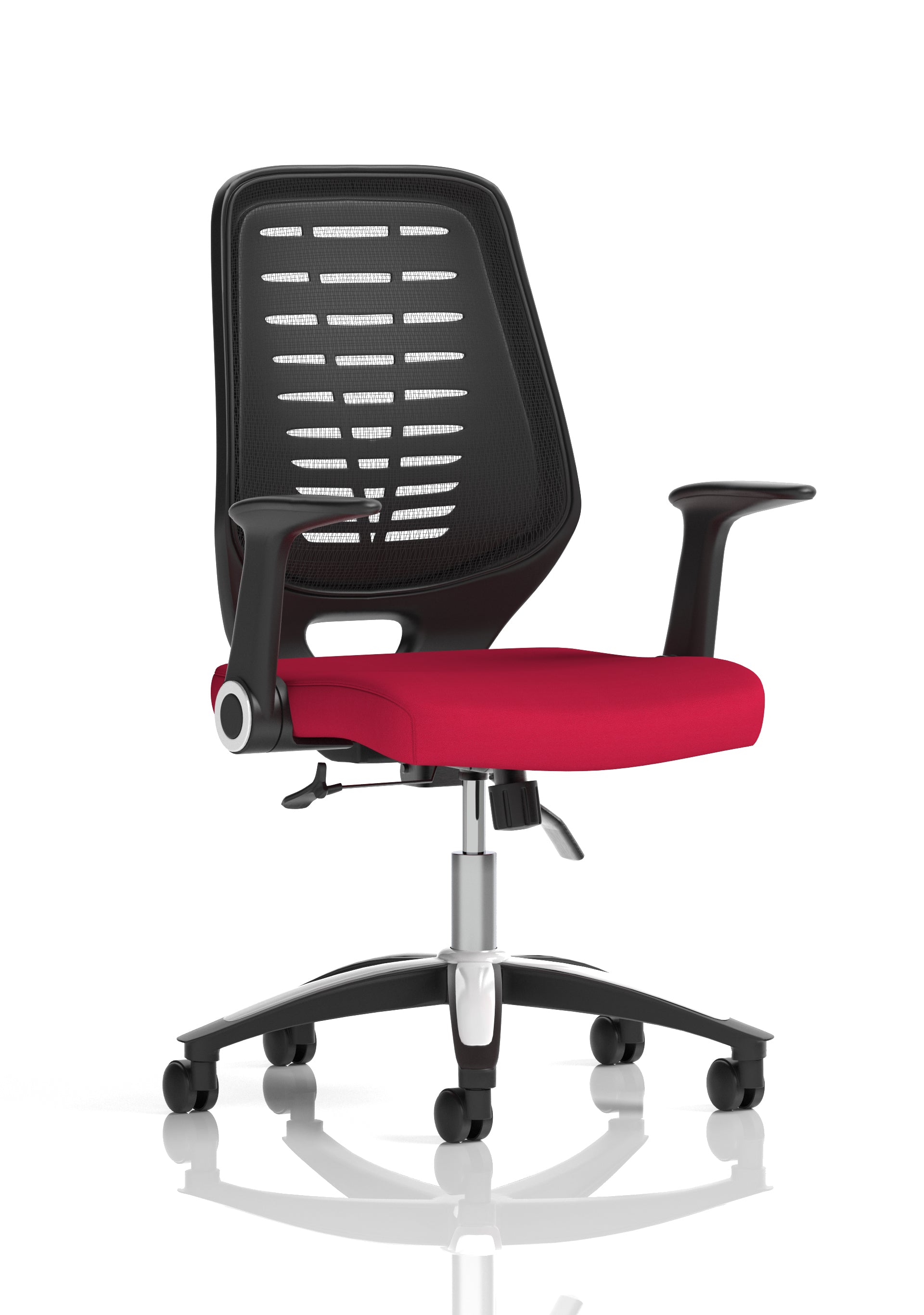 Relay Task Operator Chair Black Back With Folding Arms Bespoke Colour Bergamot Cherry