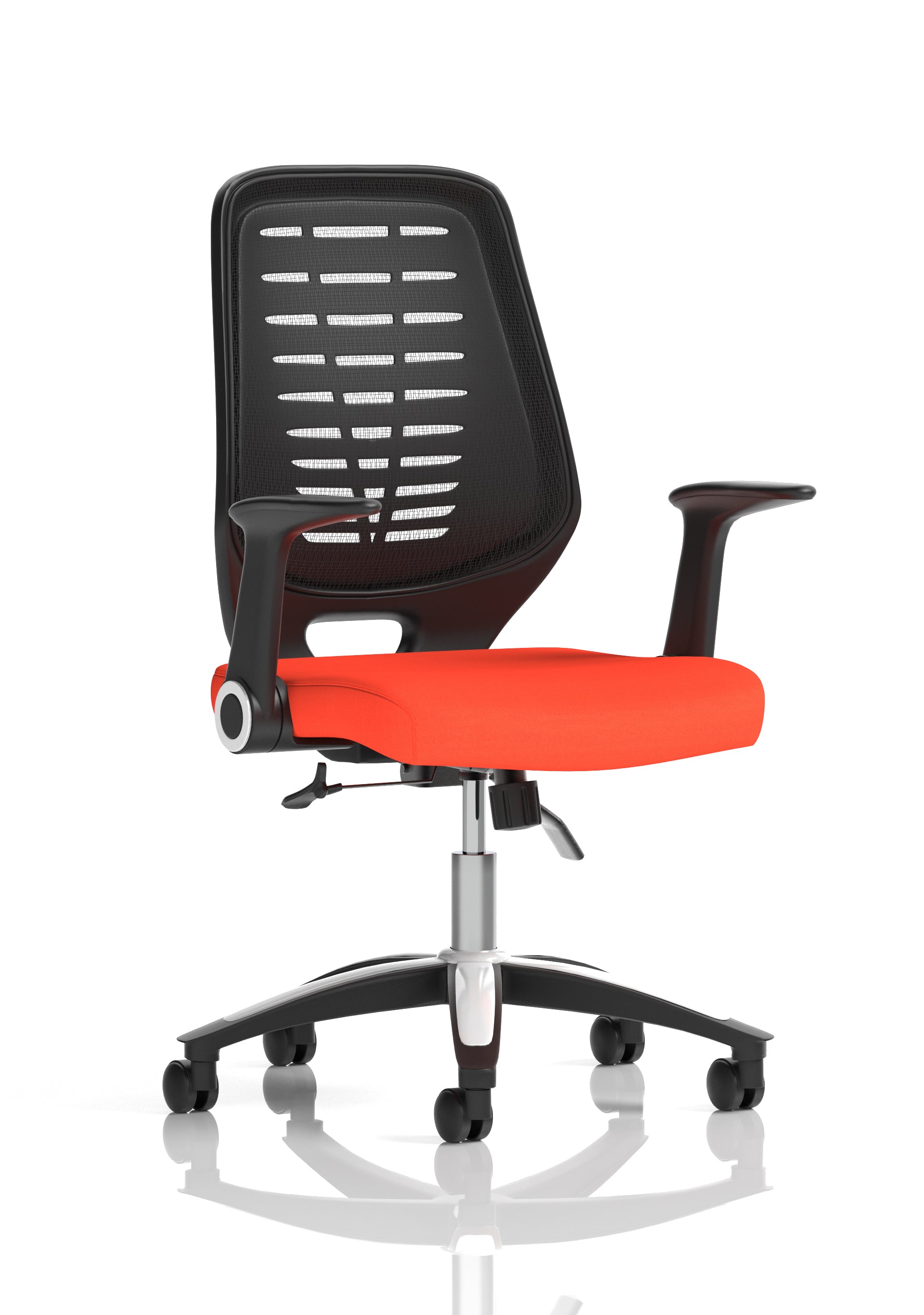 Relay Task Operator Chair Black Back With Folding Arms Bespoke Colour Tabasco Orange